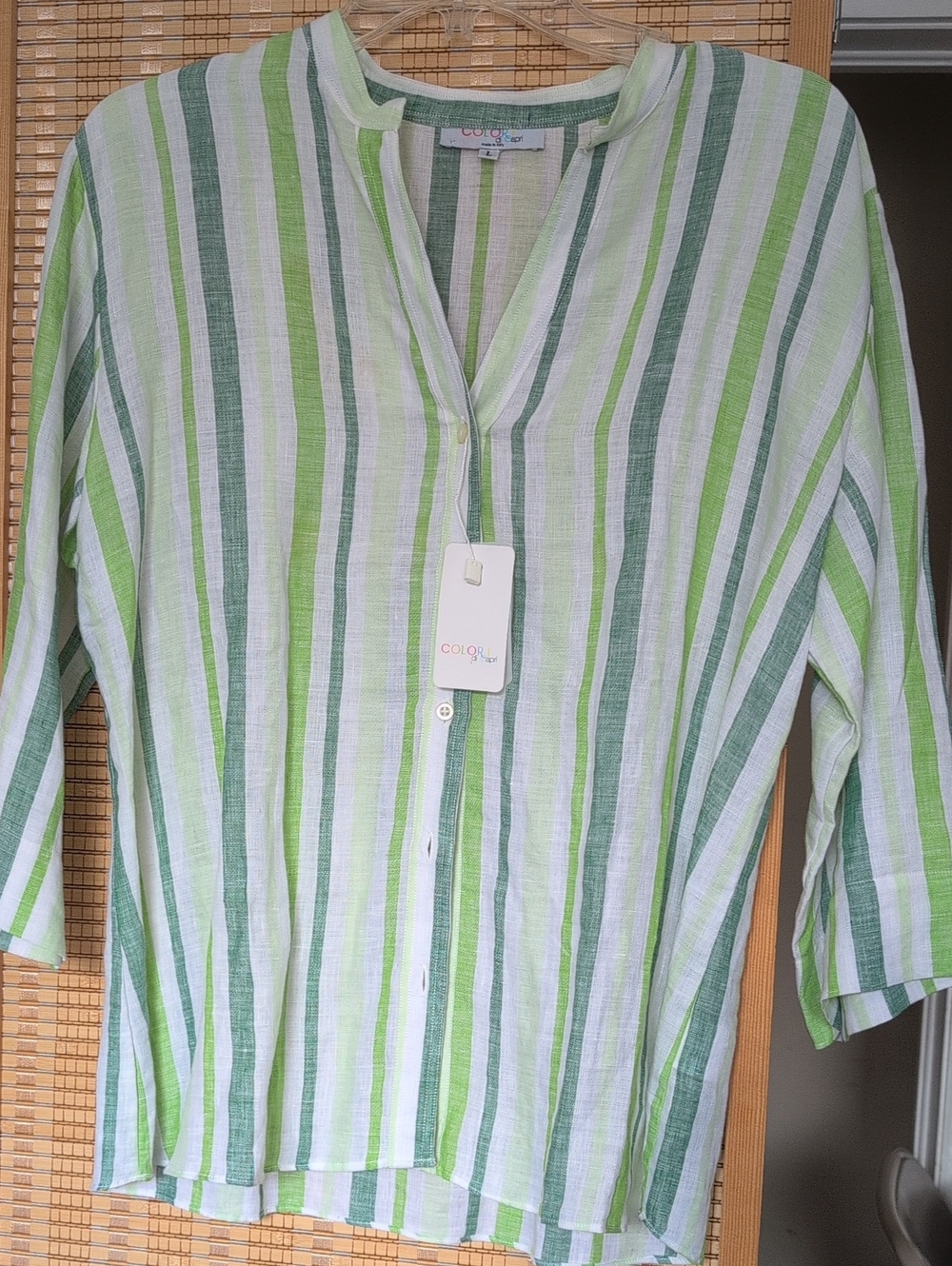 Color Di Capri Lightweight Linen Green Stripe Button-Down Shirt